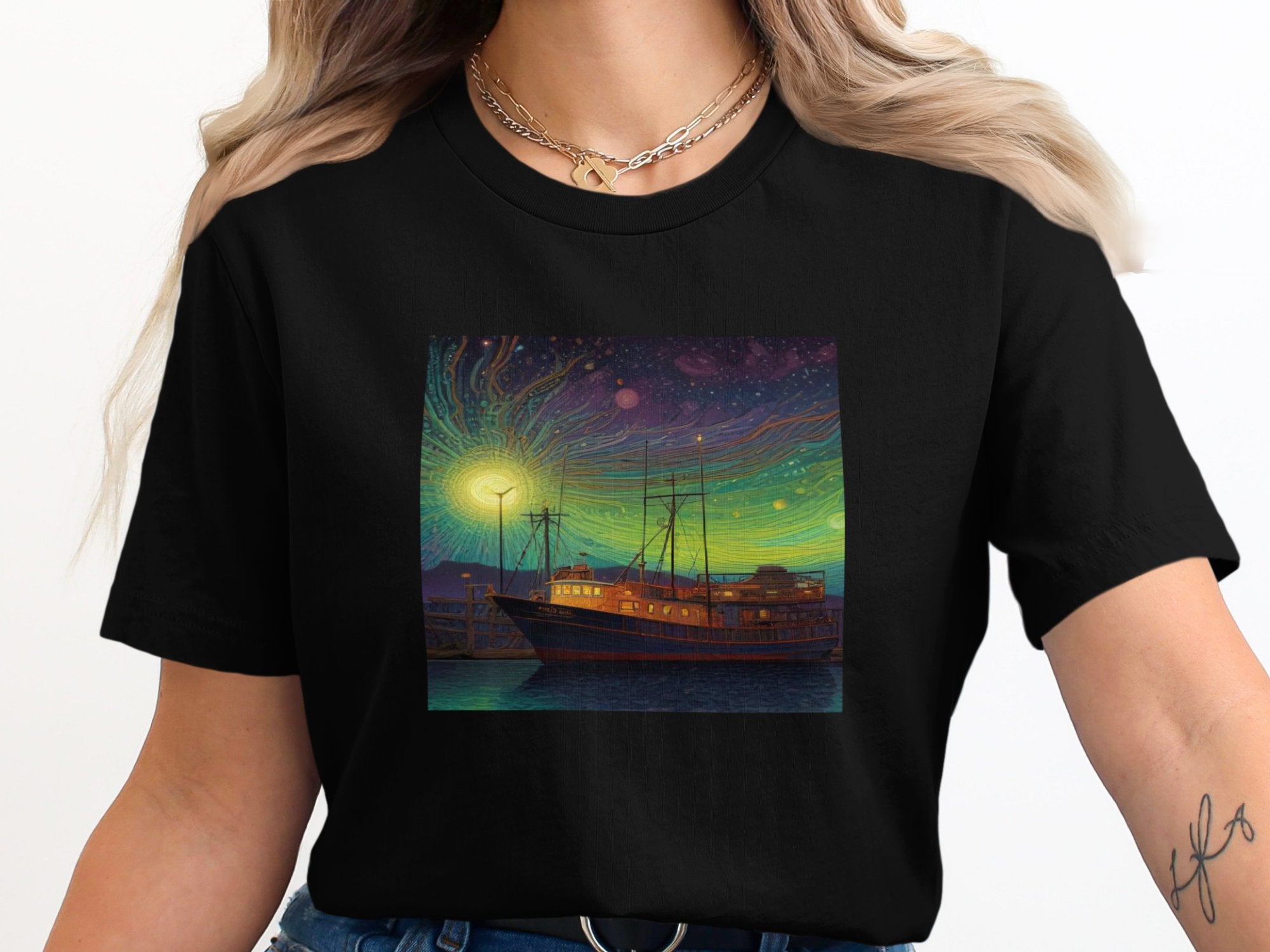 Artistic Boat Under Starry Sky T-Shirt,