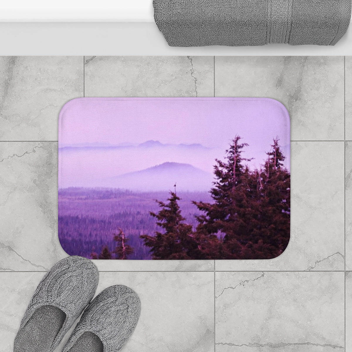 Misty Mountain Range with Forest Bath Mat