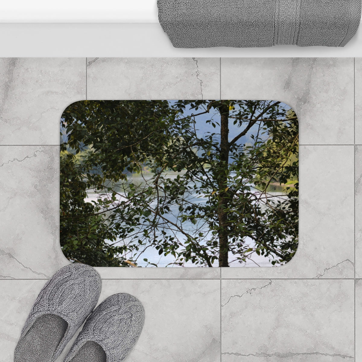 Scenic Lake View Through Trees Bath Mat