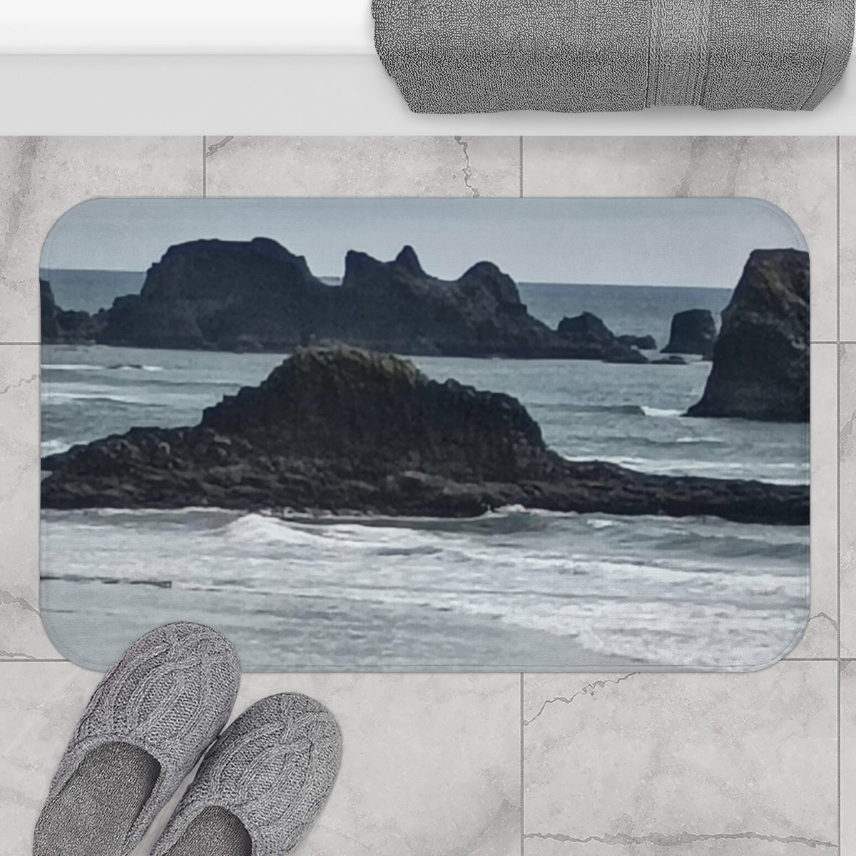 Coastal Rock Formations and Waves Bath Mat