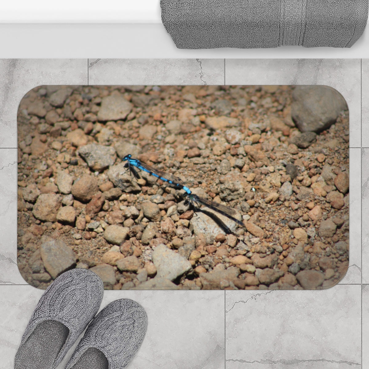 Beautiful Dragonfly on Rocky Terrain Bath Mat