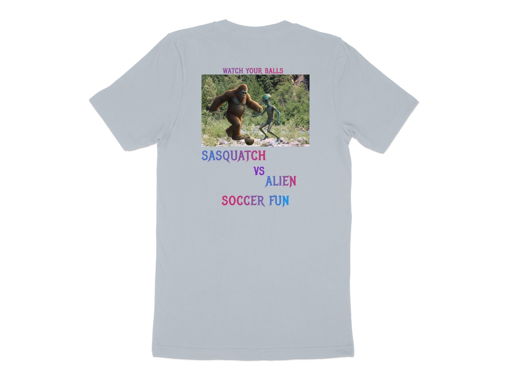 Sasquatch vs Alien Soccer Fun Graphic Tee