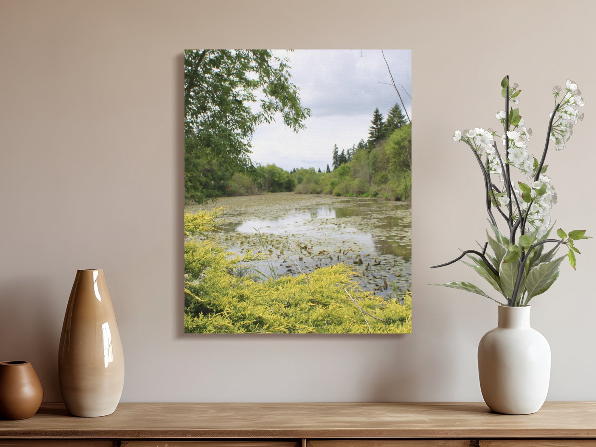 Serene Pond Landscape with Lush Greenery Wall Art product
