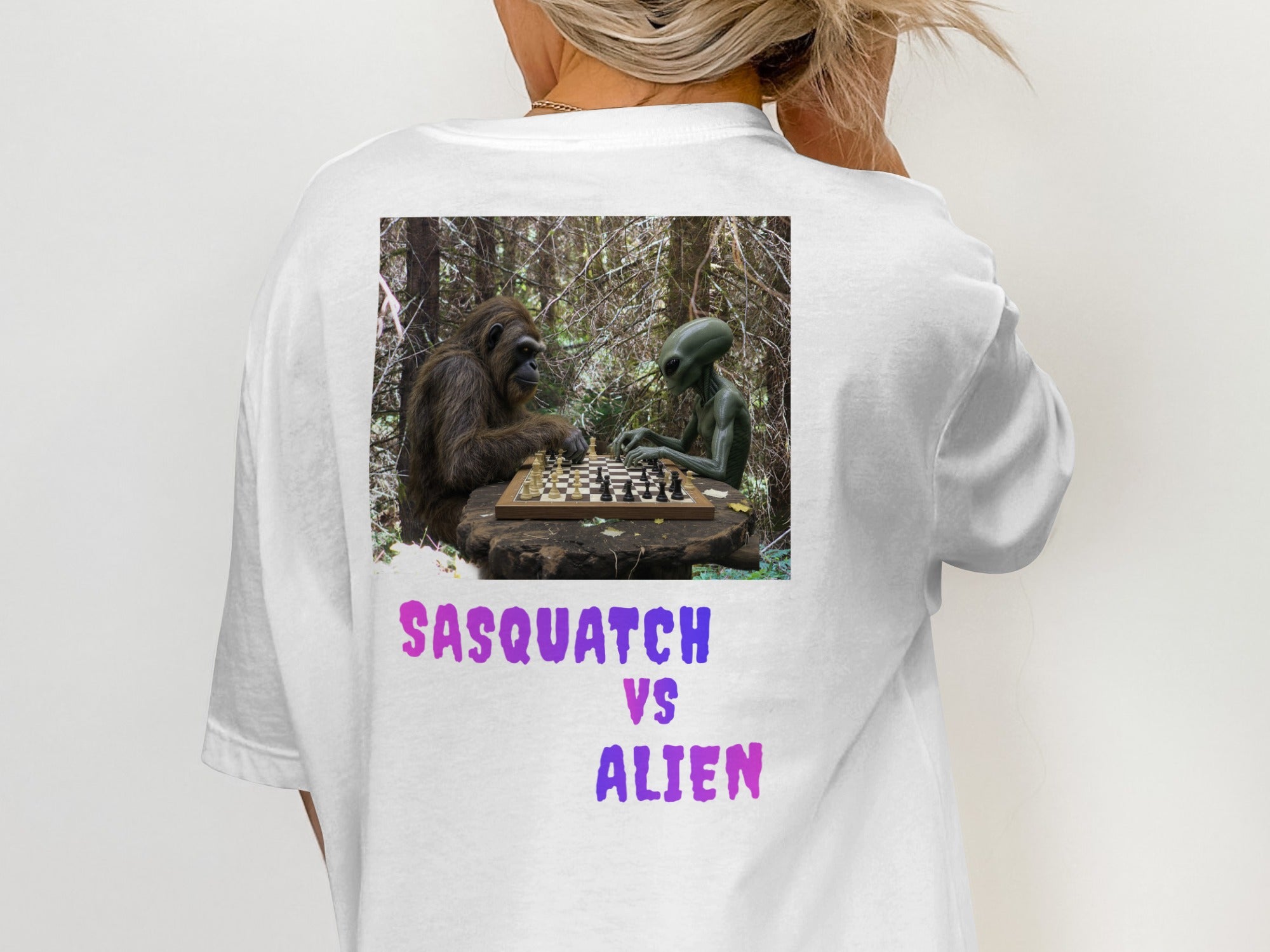 Sasquatch vs Alien Chess Battle Graphic Shirt
