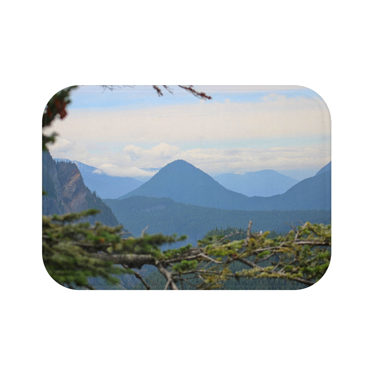 Scenic Mountain View Through Forest Leaves Print