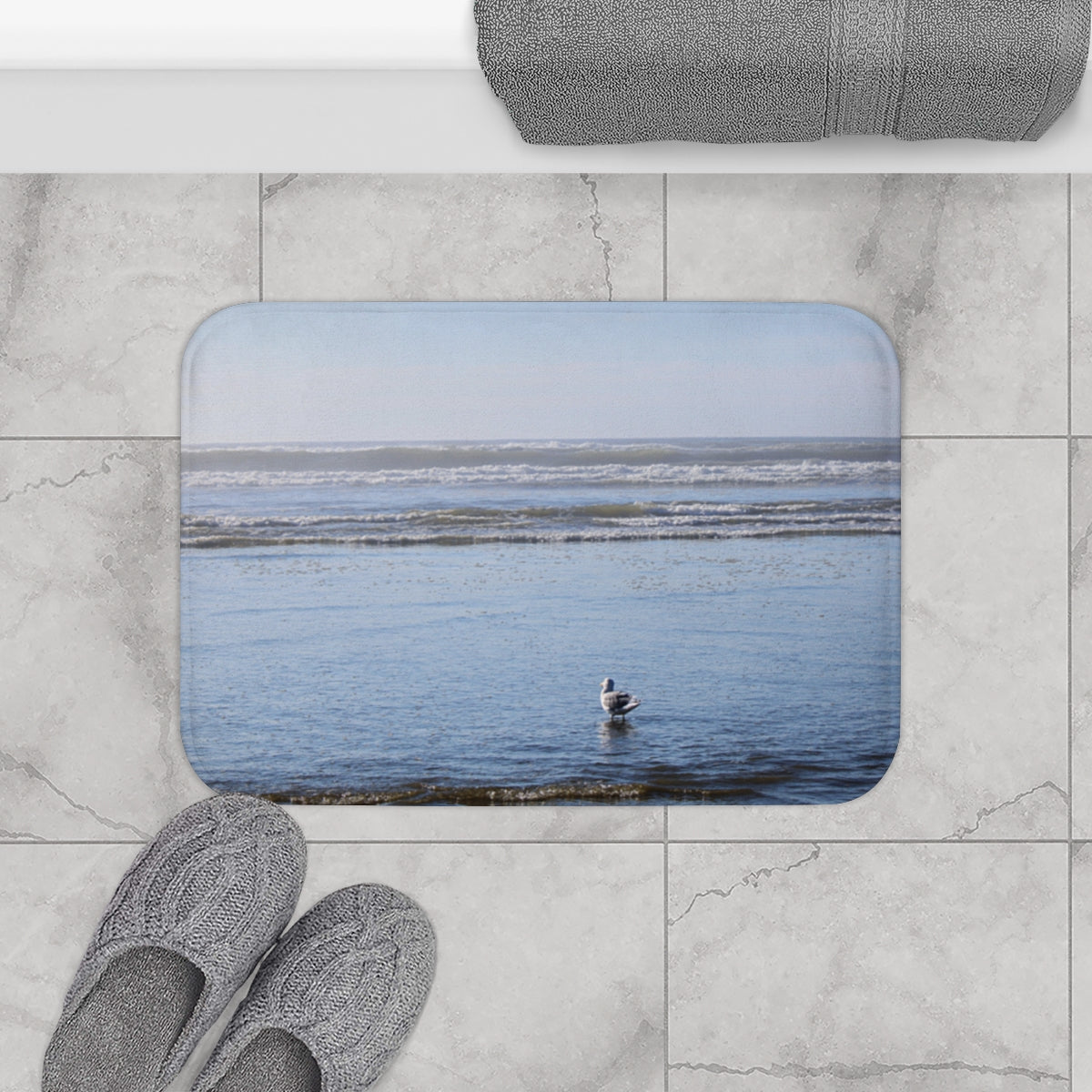 Serene Seascape with Bird Non-Slip Bath Mat