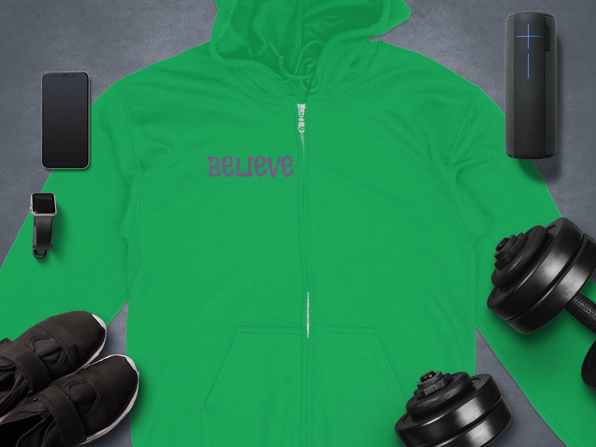 Believe Printed Green Zip-Up Hoodie product type