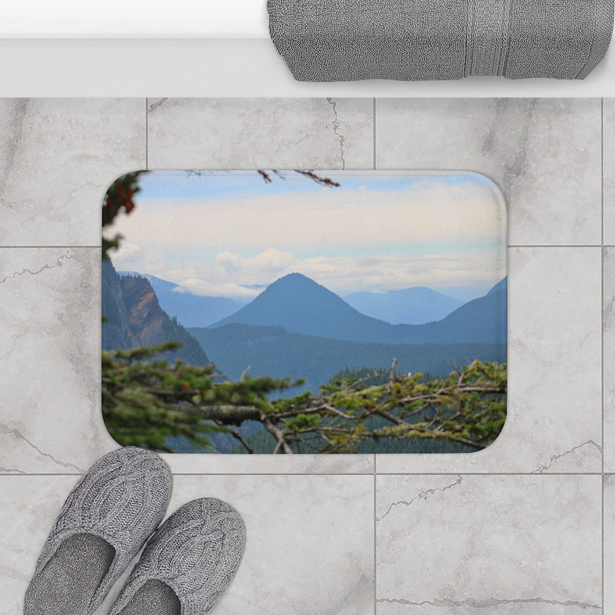Scenic Mountain View Bath Mat for Relaxing Bathroom