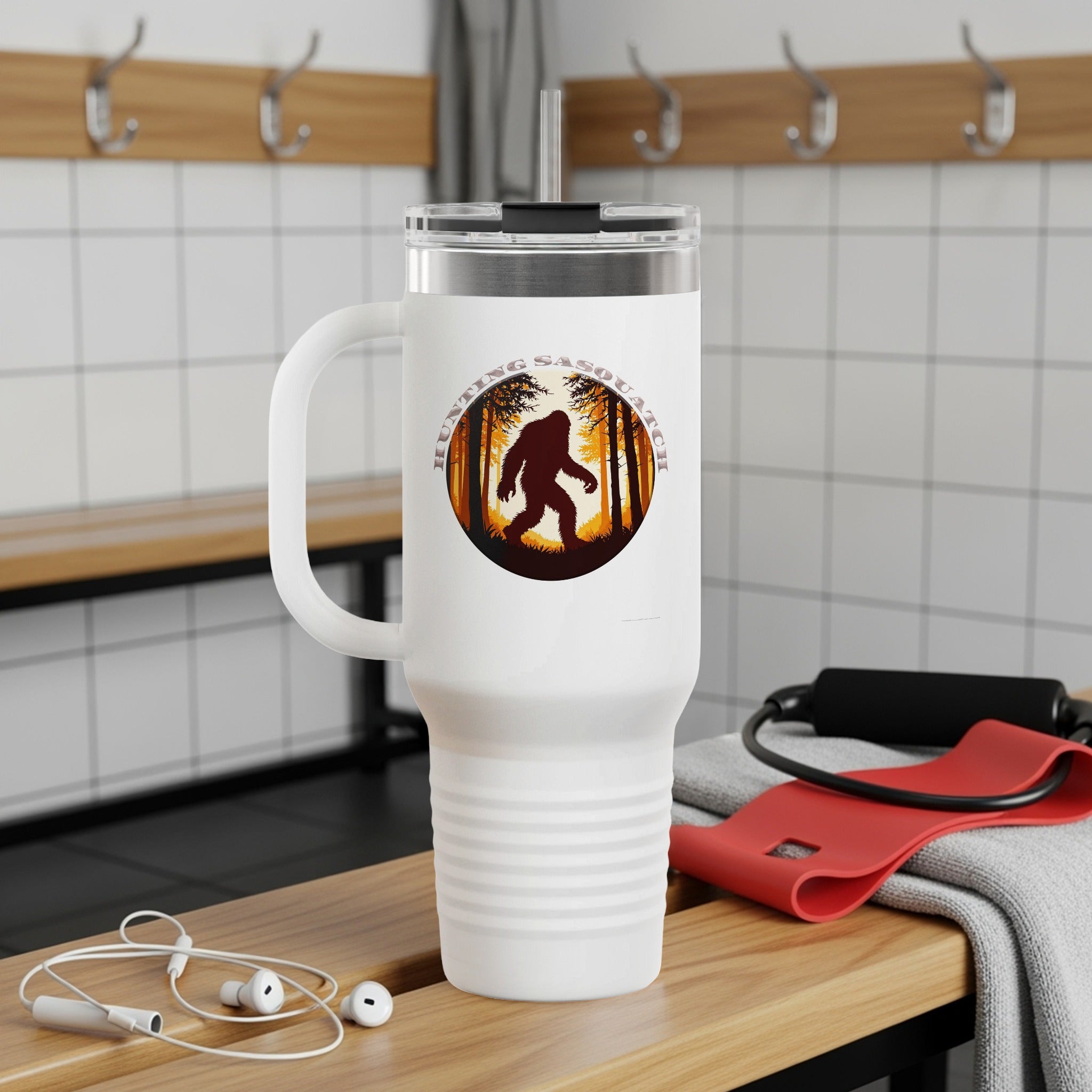 Tipping Sasquatch Illustrated White Travel Mug product