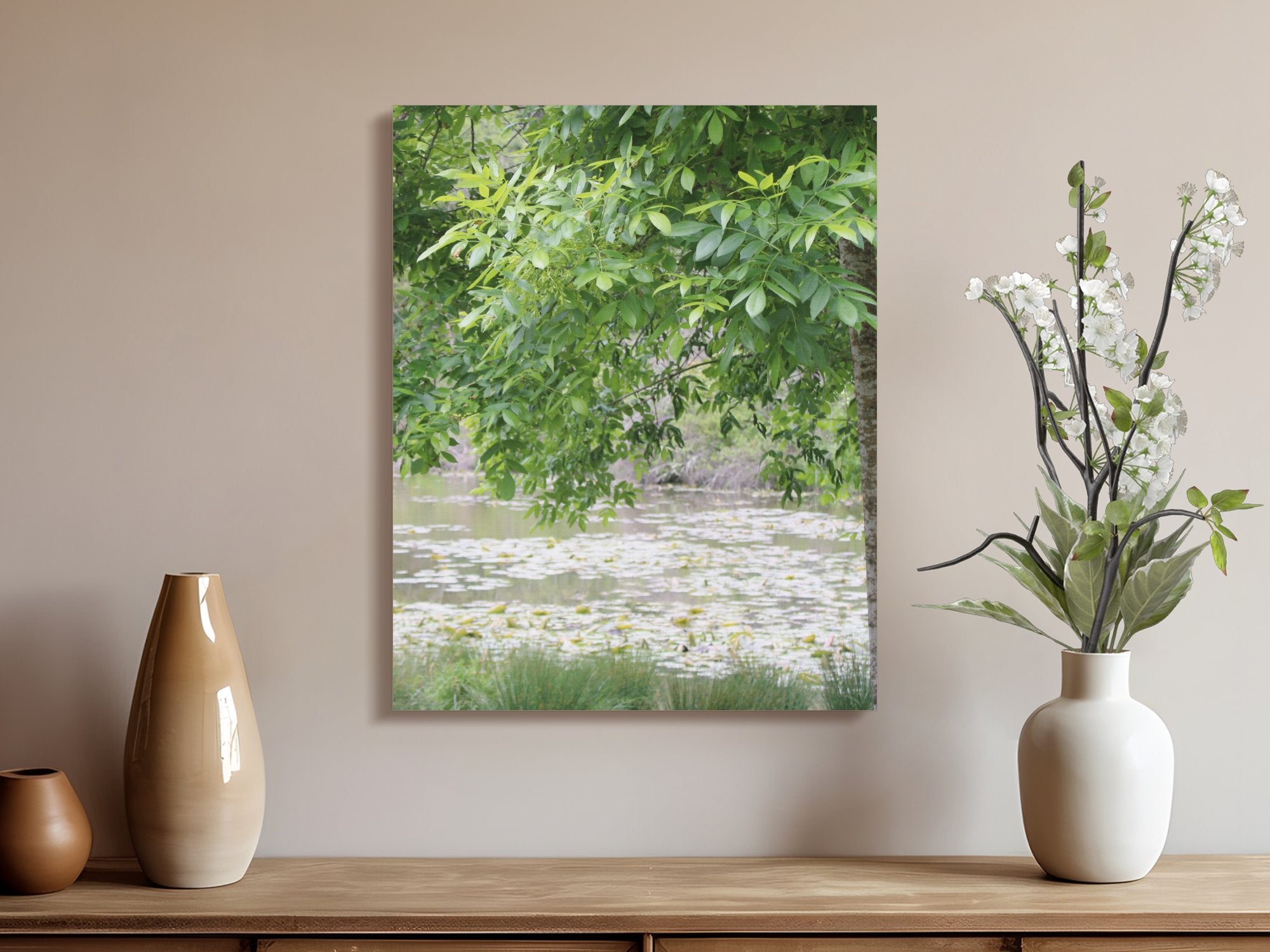 Serene Lakeside Reflections on a Greenery Background product type