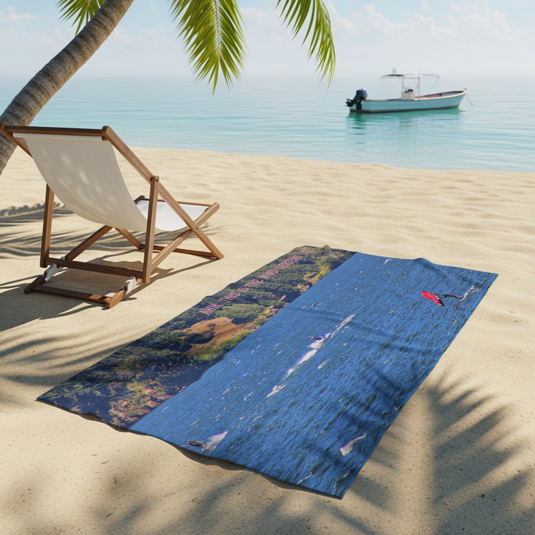 Scenic Beach with Boat and Palm Tree Towel product type