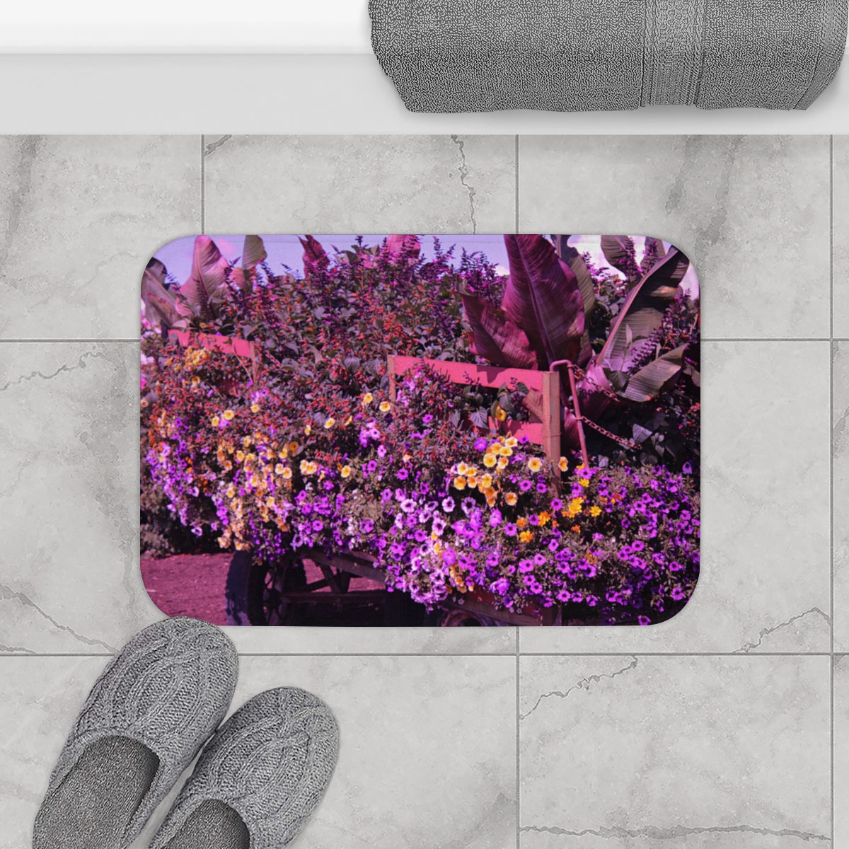 Colorful Flower Cart Bath Rug with Vibrant Floral Design
