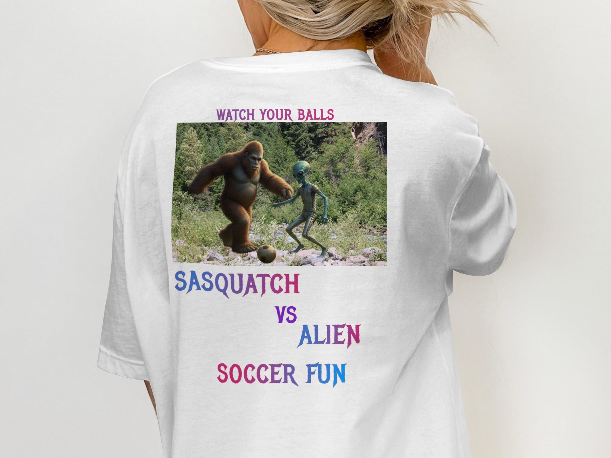 Sasquatch vs Alien Soccer Fun Watch Your Balls Shirt