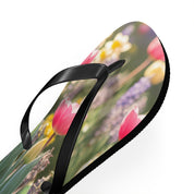 Flip-flop with pink and yellow tulips and lavender flowers pattern.