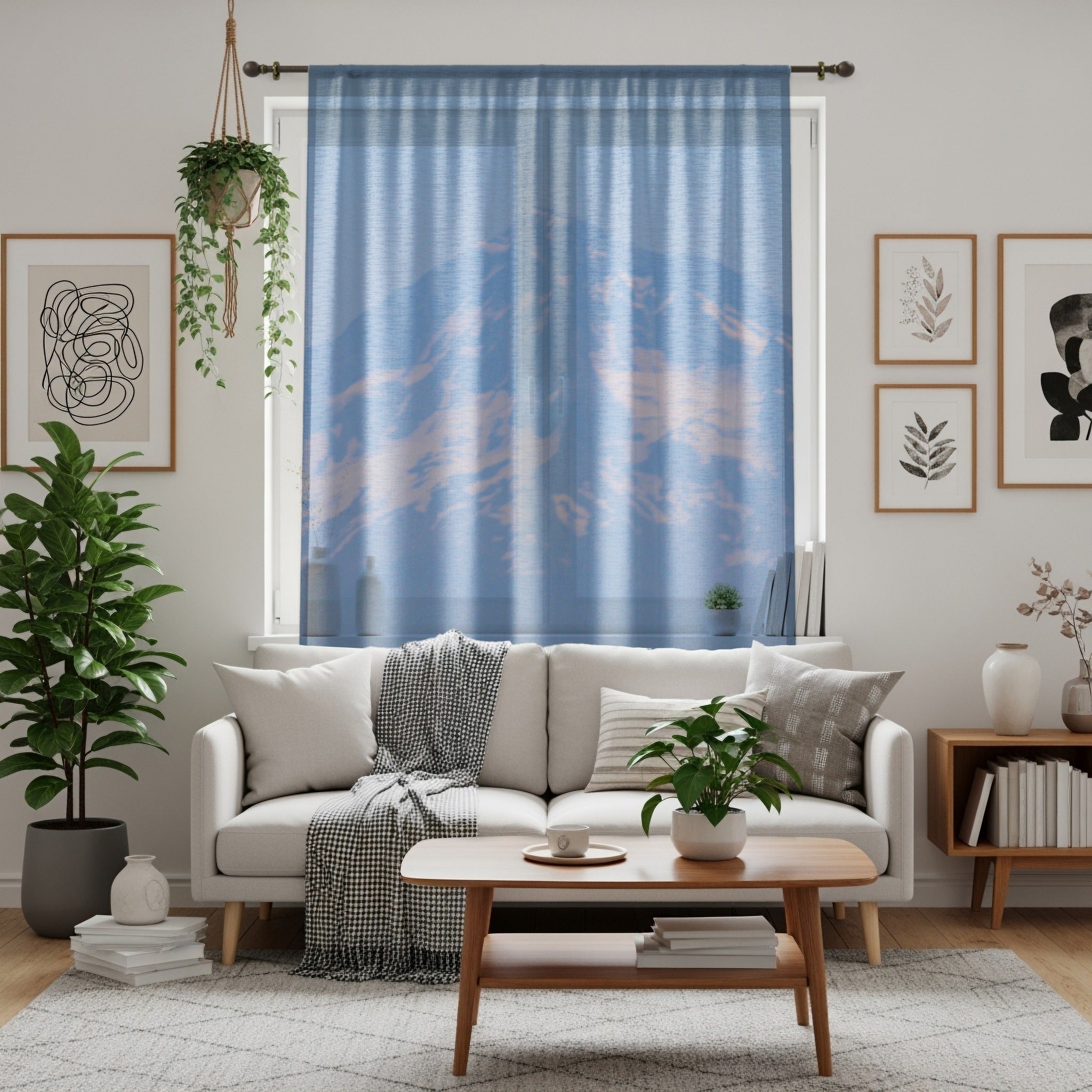 Stylish Blue Mountain Print Sheer Curtain for Living Room