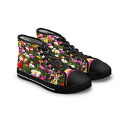 High-top sneakers with a colorful floral pattern and black laces.