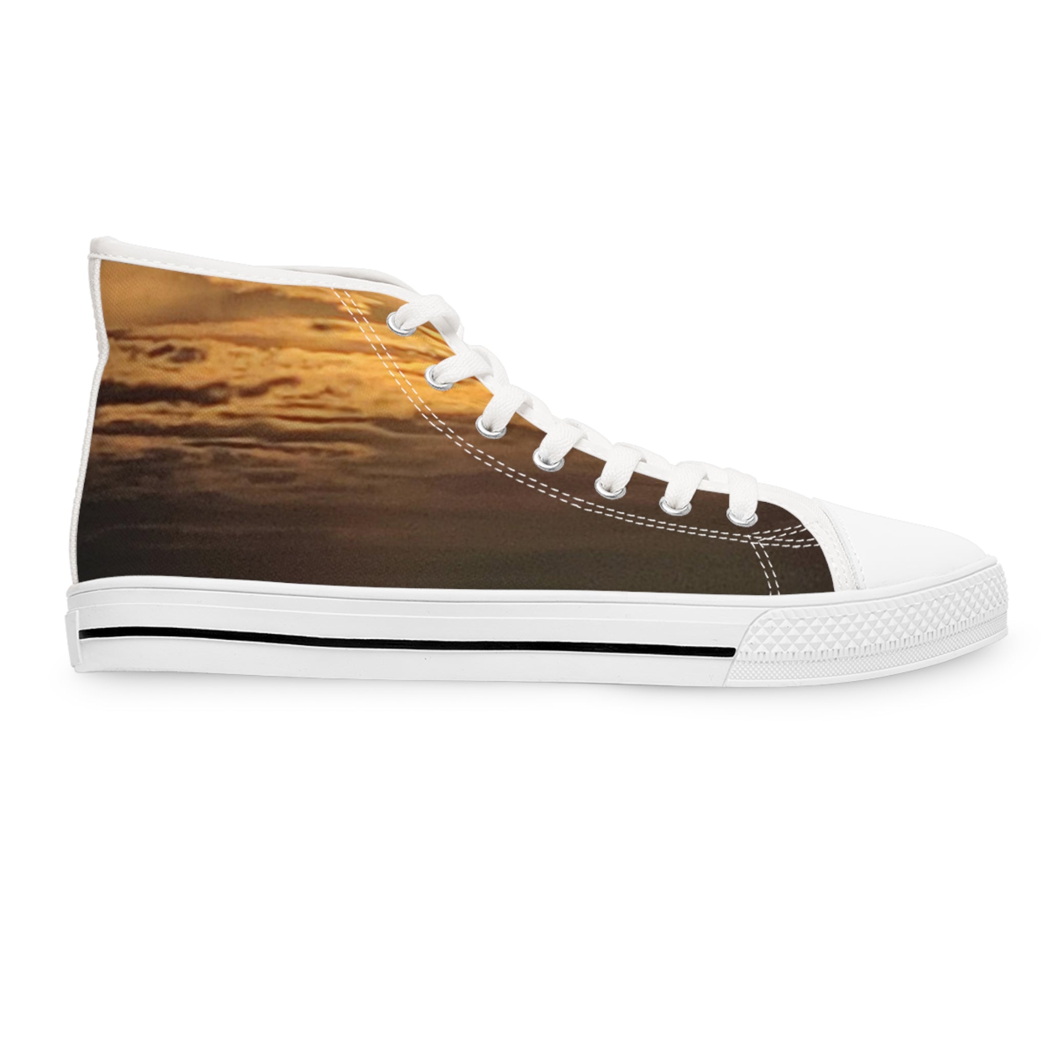 High-top sneaker with sunset cloud pattern on white background.