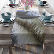 Table runner with a close-up realistic wolf fur pattern and a website watermark.