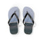 Light grey flip-flops with a beach scene graphic on white background.