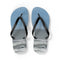 Pair of blue flip-flops with a beach scene graphic.