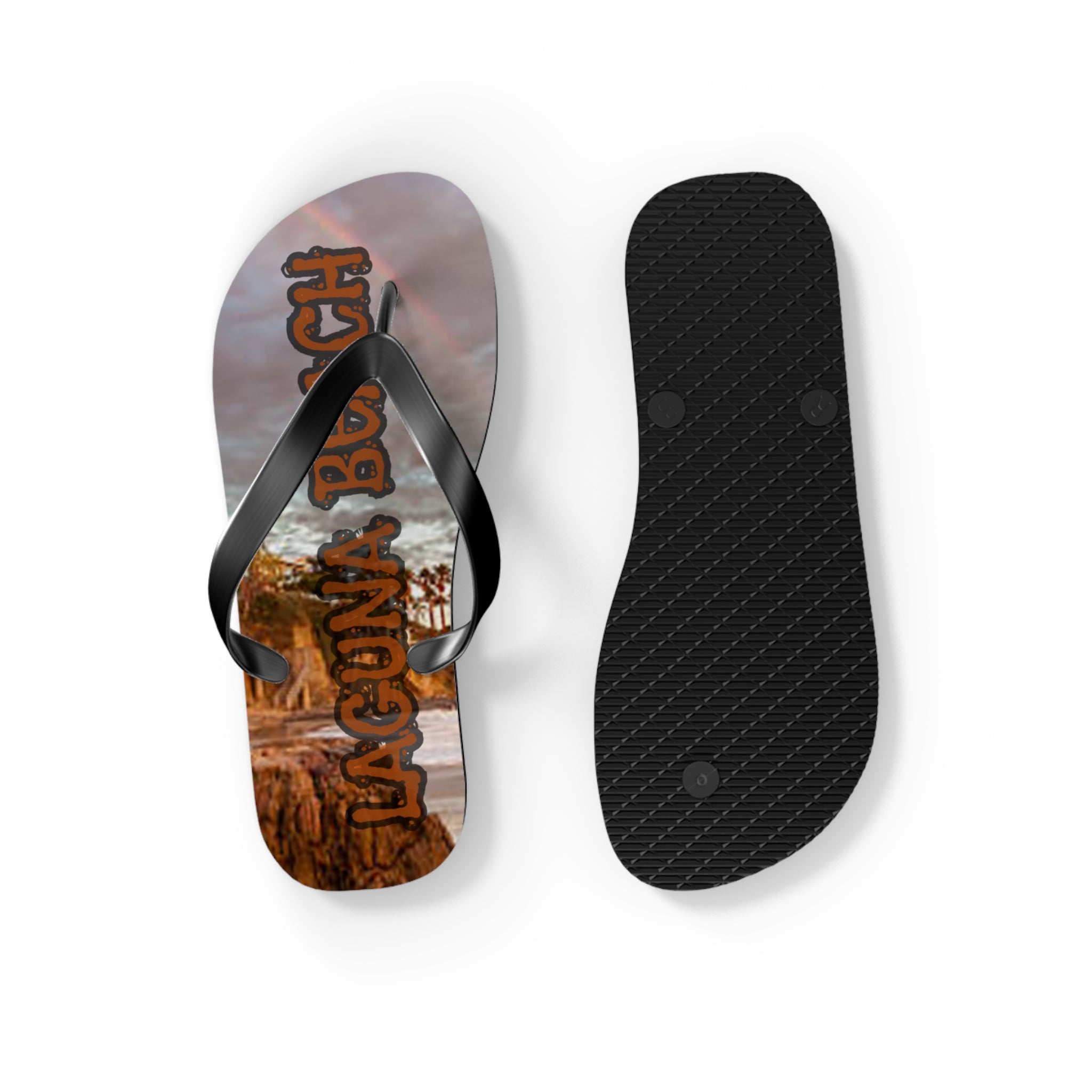 Flip-flops with "Laguna Beach" text on a tropical sunset background.