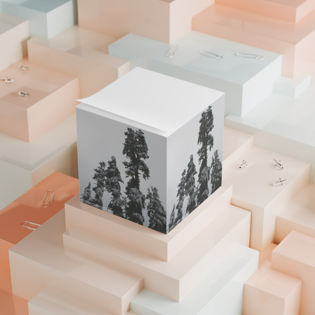 Monochrome Snowy Forest Box Display with Geometric Background