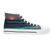 High-top sneaker with a sunset ocean wave graphic on the side.