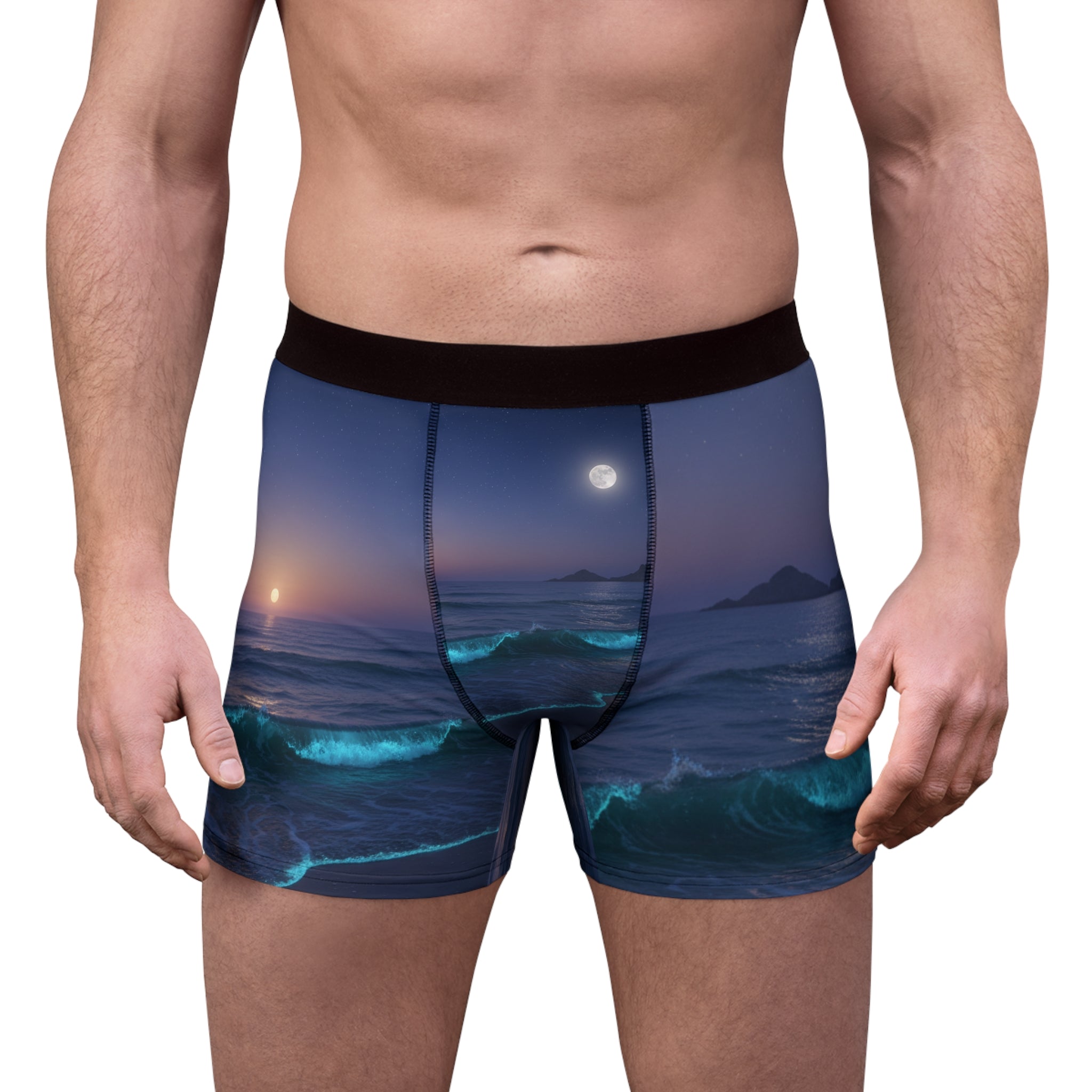 Men's boxer briefs with a nighttime ocean sunset print.