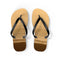 Brown flip-flops with black straps on a white background.