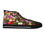 Black high-top sneaker with a vibrant floral pattern.