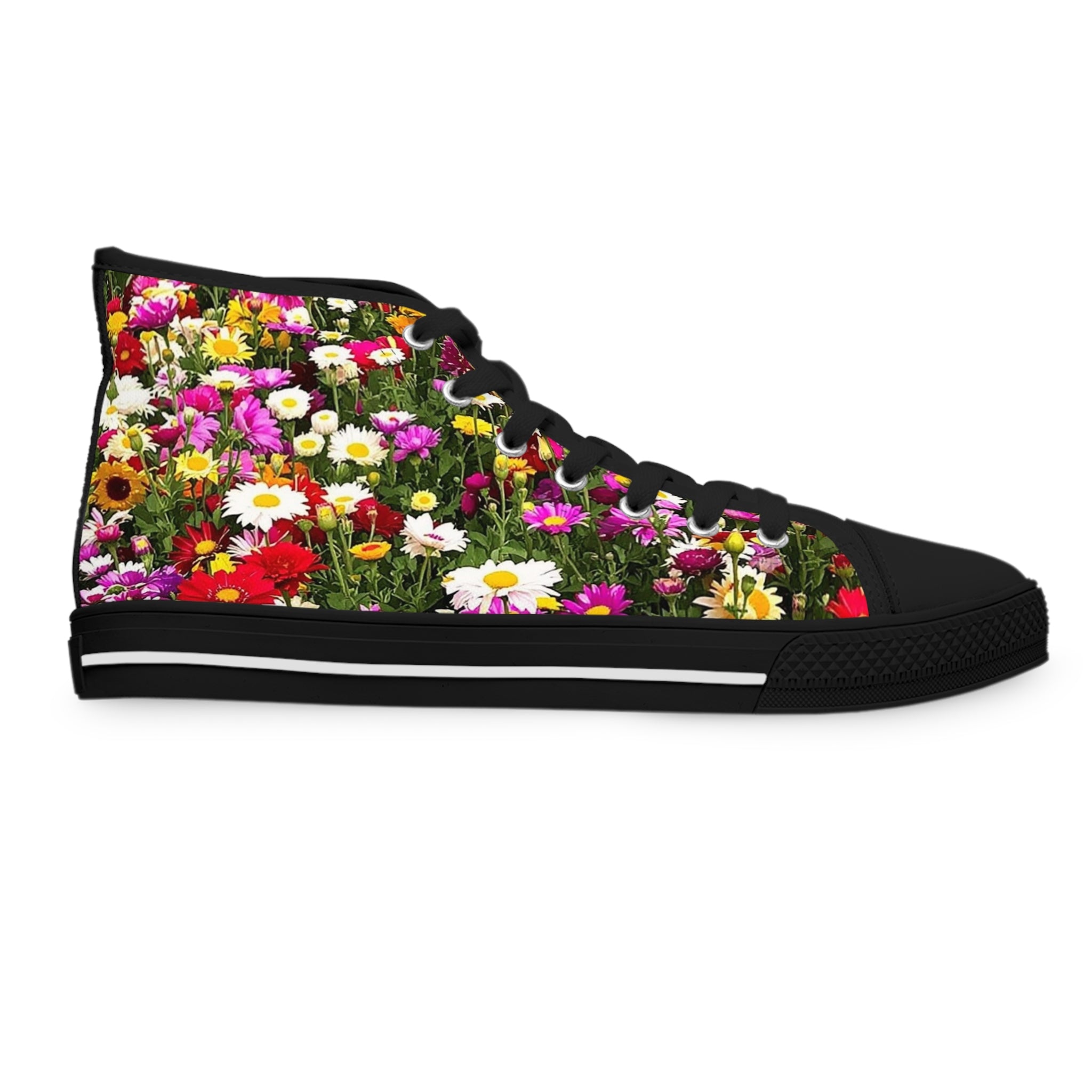 Black high-top sneaker with a vibrant floral pattern.