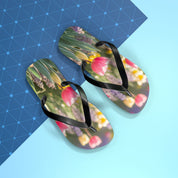 Flip-flops with a floral pattern featuring pink tulips and white flowers.