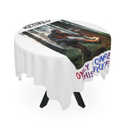 Tablecloth with Bigfoot, "HELP ME," and "ONLY CONIFERS" text.