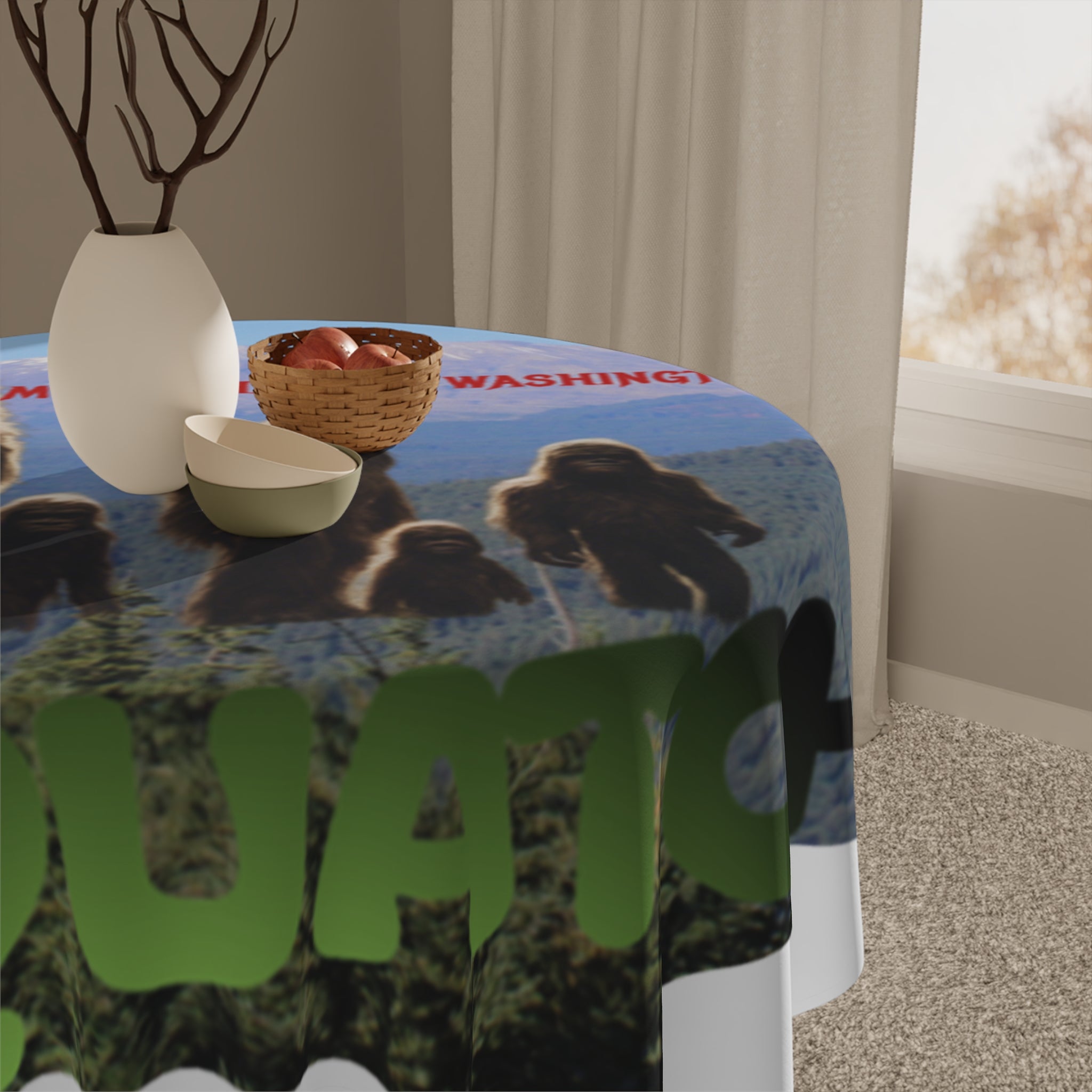 Tablecloth with Bigfoot graphics and "SQUATCH" text.
