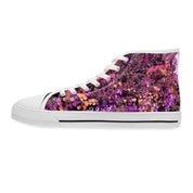 High-top sneaker with a floral print in purple and yellow flowers.