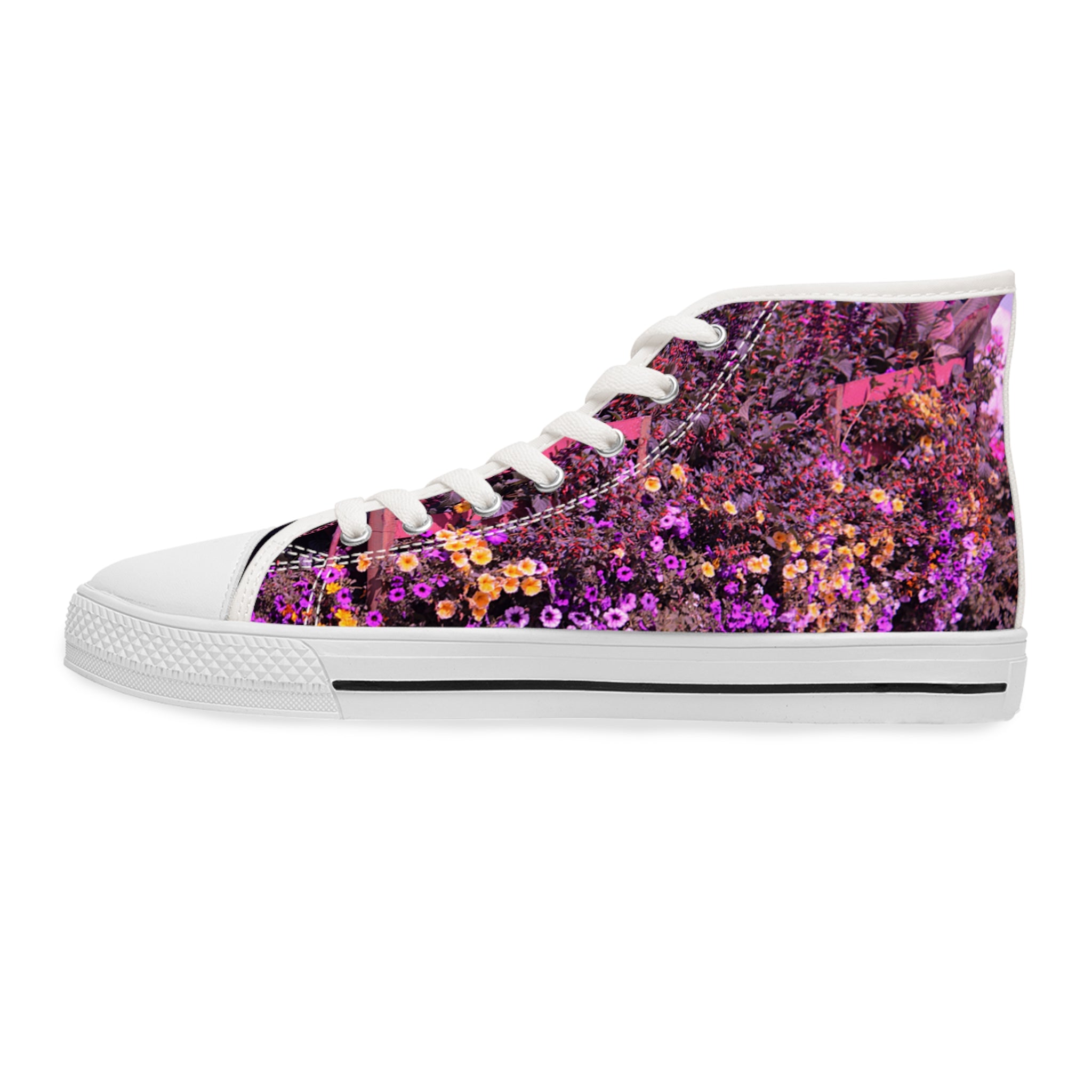 High-top sneaker with a floral print in purple and yellow flowers.