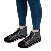 High-top sneakers with a sunset dolphin silhouette print.
