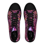 High-top sneakers with a colorful floral and abstract purple design.
