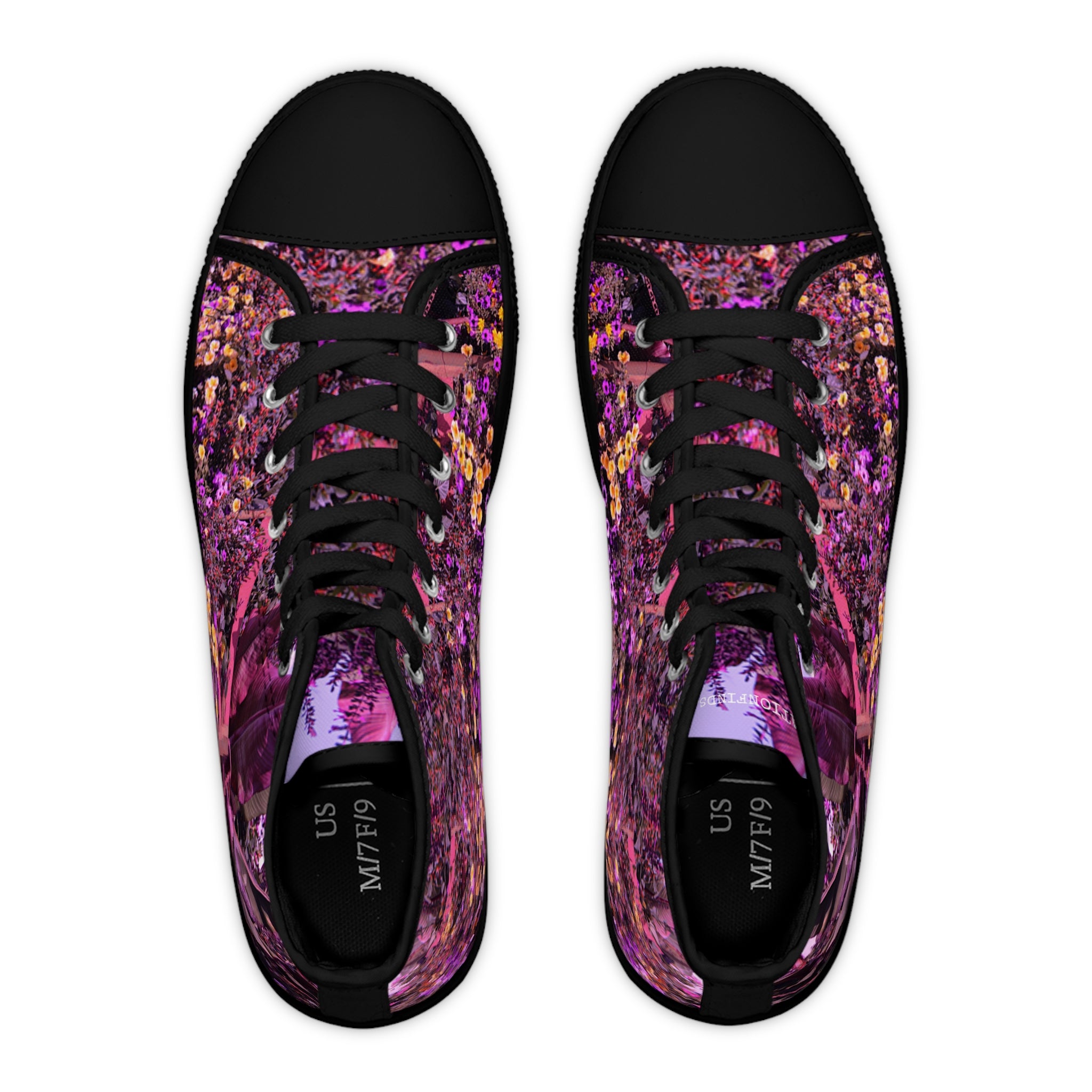 High-top sneakers with a colorful floral and abstract purple design.