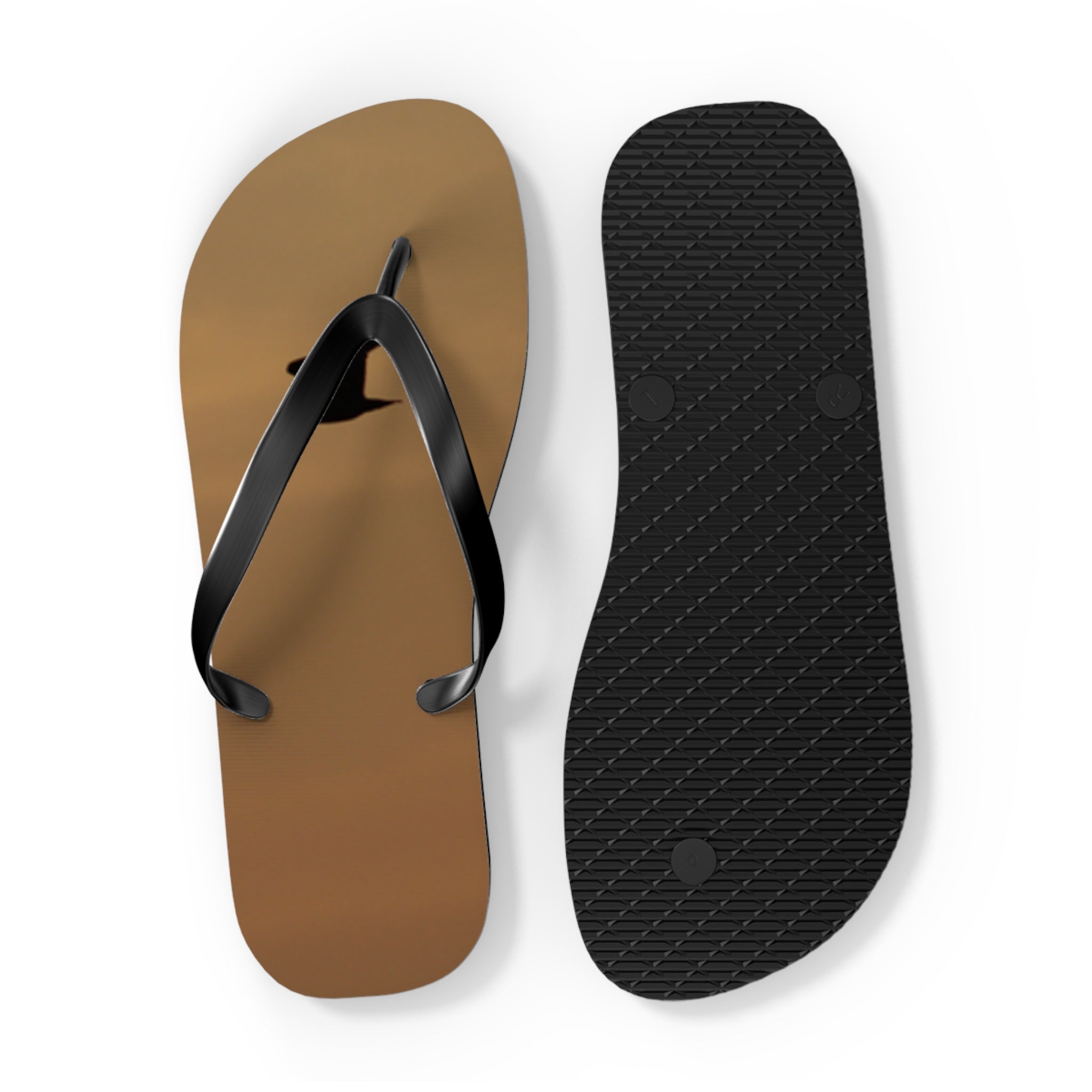 Brown flip-flop with black strap and bird silhouette on sole.