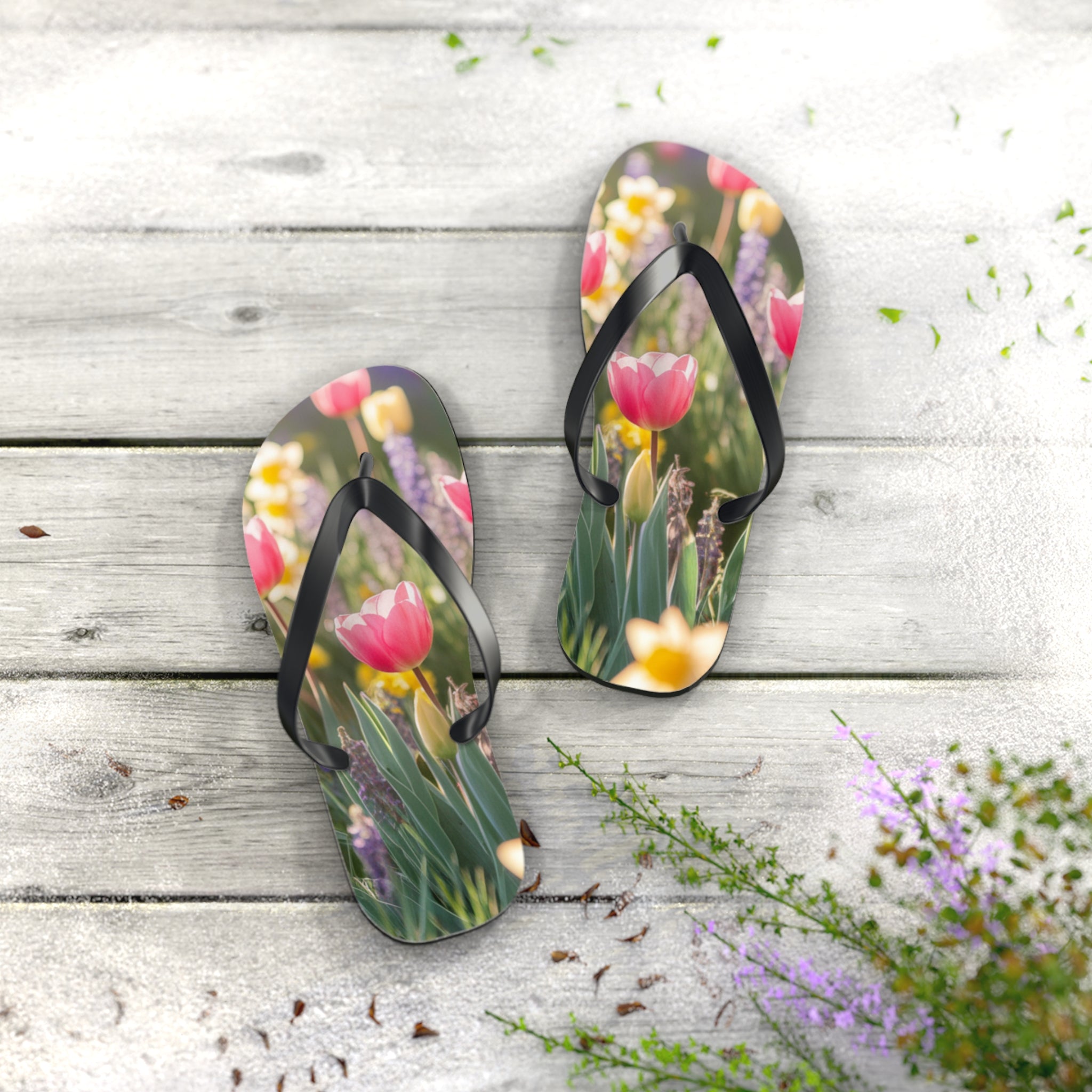 Pink tulip and purple flower flip-flops on a weathered wooden surface.