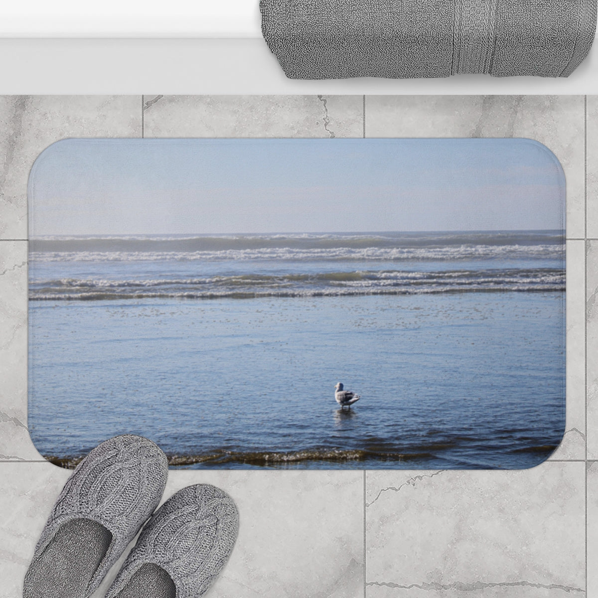 Coastal Ocean Scene with Seagull Bath Mat