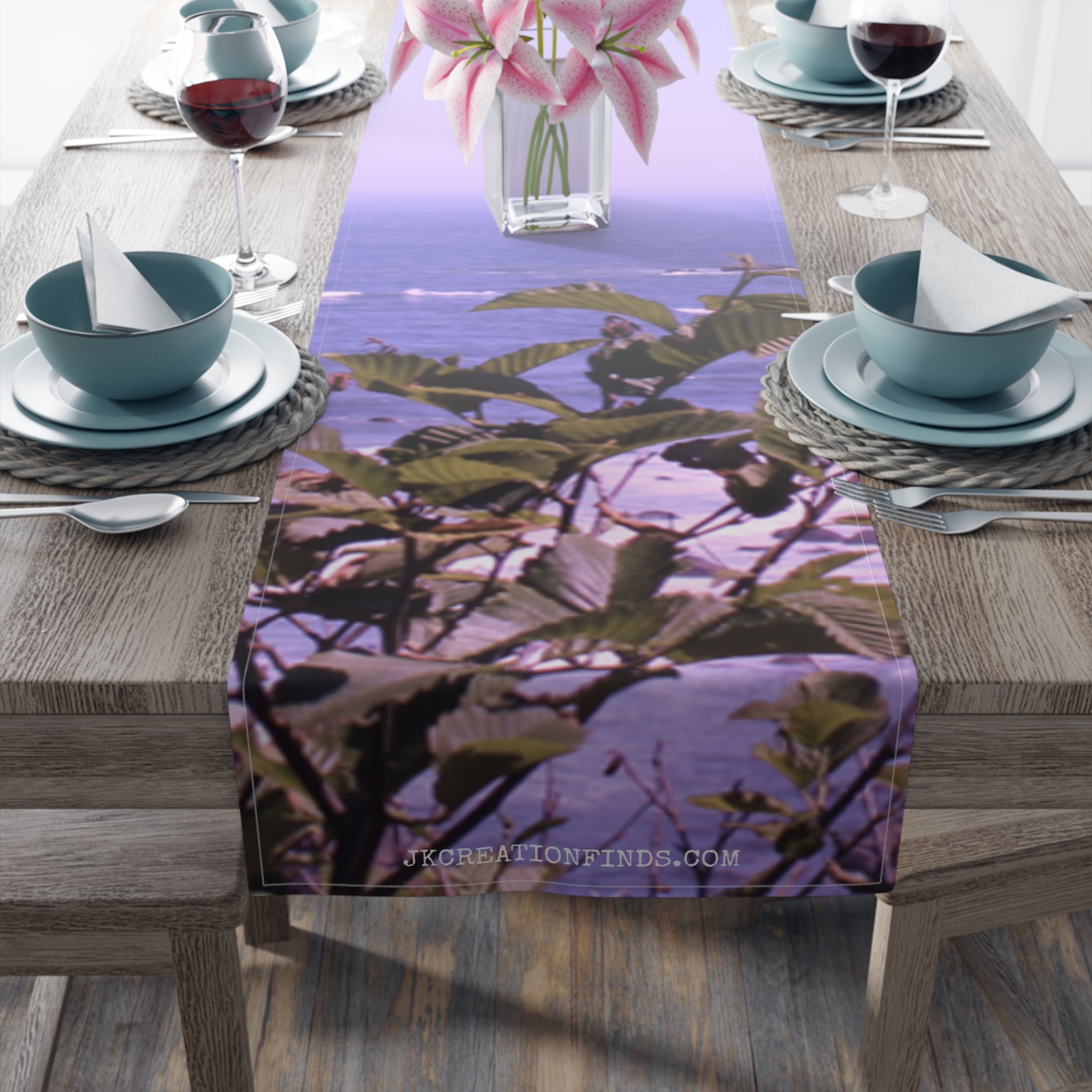 Table runner with floral and ocean print, reads "JKREATIONFINDS.COM".