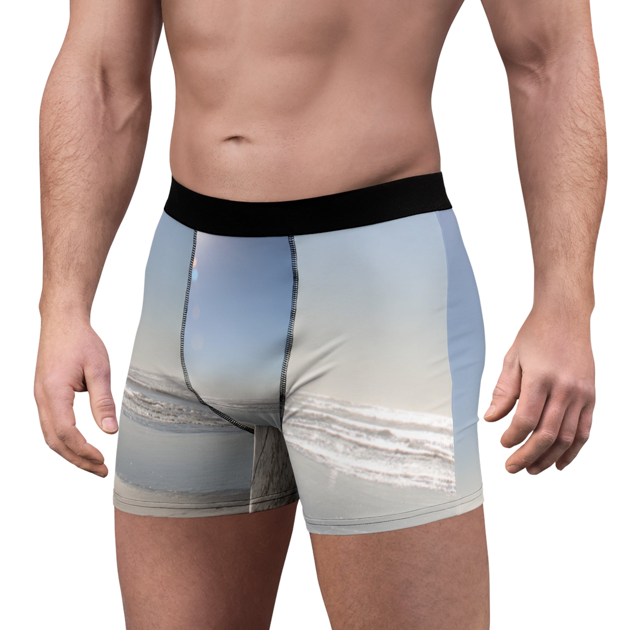 Men's boxer briefs with a beach and ocean wave graphic print.
