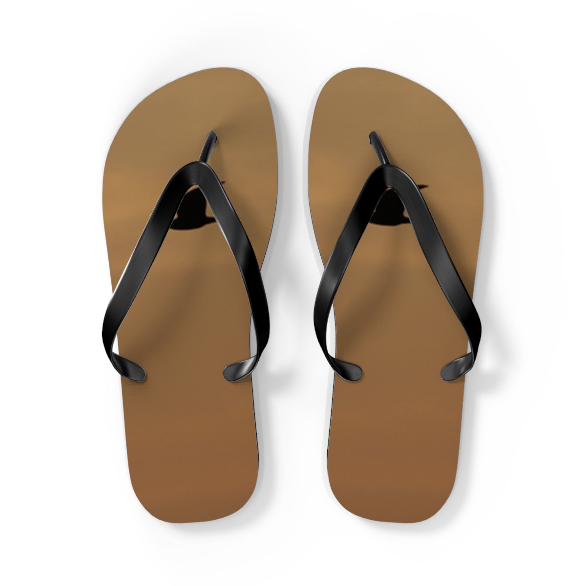 Brown flip-flops with black straps, seen from above against a white background.