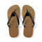 Brown flip-flops with black straps, seen from above against a white background.
