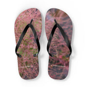 Flip-flops with a blurry pink floral pattern and "JKCREATIONSFNDS.COM" text.