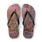 Flip-flops with a blurry pink floral pattern and "JKCREATIONSFNDS.COM" text.