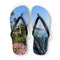 Flip-flops with a beach scene and geometric patterns.