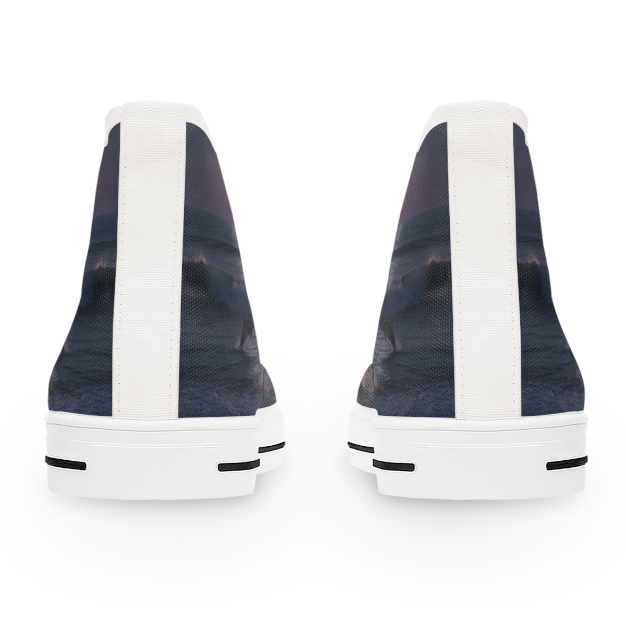 Pair of high-top sneakers with a dark wave and sunset graphic.